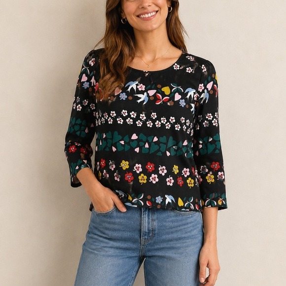 Boden Tops - Boden Black Floral Bird Print Viscose 3/4 Sleeve Blouse Women's US 10